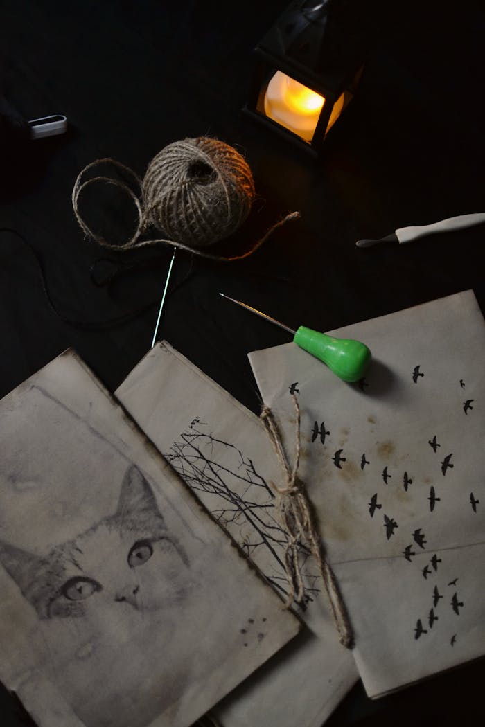Handmade bookbinding materials laid out on a table with candlelight, showcasing craft tools and art.
